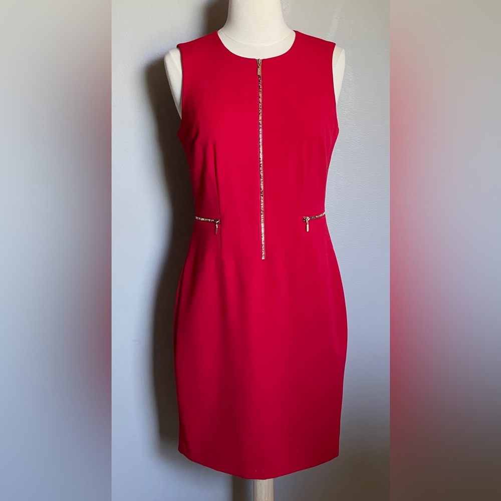 Calvin Klein Red Mini Sheath Dress with Zipper Accents